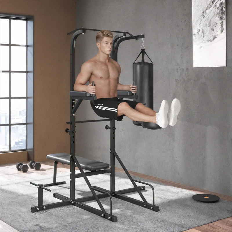 Soozier Heavy-Duty Power Tower Dip Station Pull Up Bar with Foldable Workout Bench and Punching Bag, Multi-Functional Adjustable Strength Training Equipment Power Rack Fitness Equipment for Home Gym