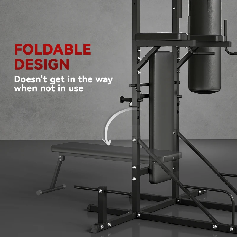 Soozier Heavy-Duty Power Tower Dip Station Pull Up Bar with Foldable Workout Bench and Punching Bag, Multi-Functional Adjustable Strength Training Equipment Power Rack Fitness Equipment for Home Gym