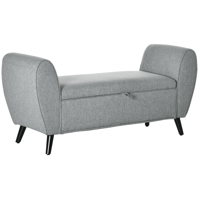 HOMCOM Modern Upholstered Storage Bench with Arms, Linen-Feel Fabric Ottoman Bench for Bedroom Entryway Living Room, Light Gray