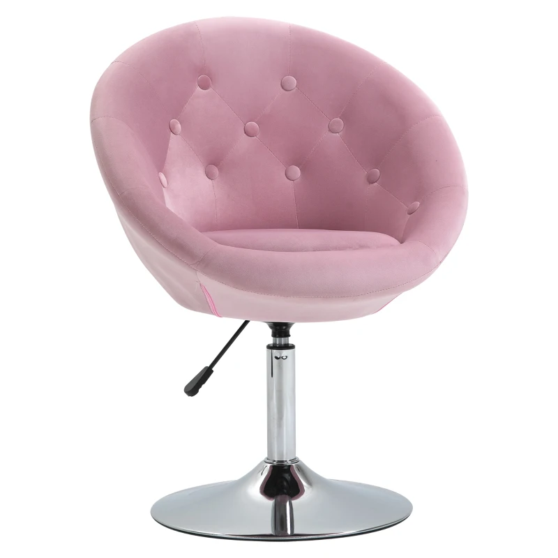 HOMCOM Modern Makeup Vanity Chair Round Tufted Swivel Accent Chair with Chrome Frame Height Adjustable for Living Room, Bedroom Pink