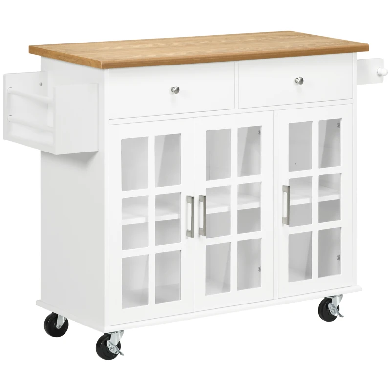 HOMCOM Rolling Kitchen Island with Storage, Utility Kitchen Cart with 2 Drawers, 2 Cupboards, Towel Rack and Spice Rack, Microwave Cart for Dining Room, White