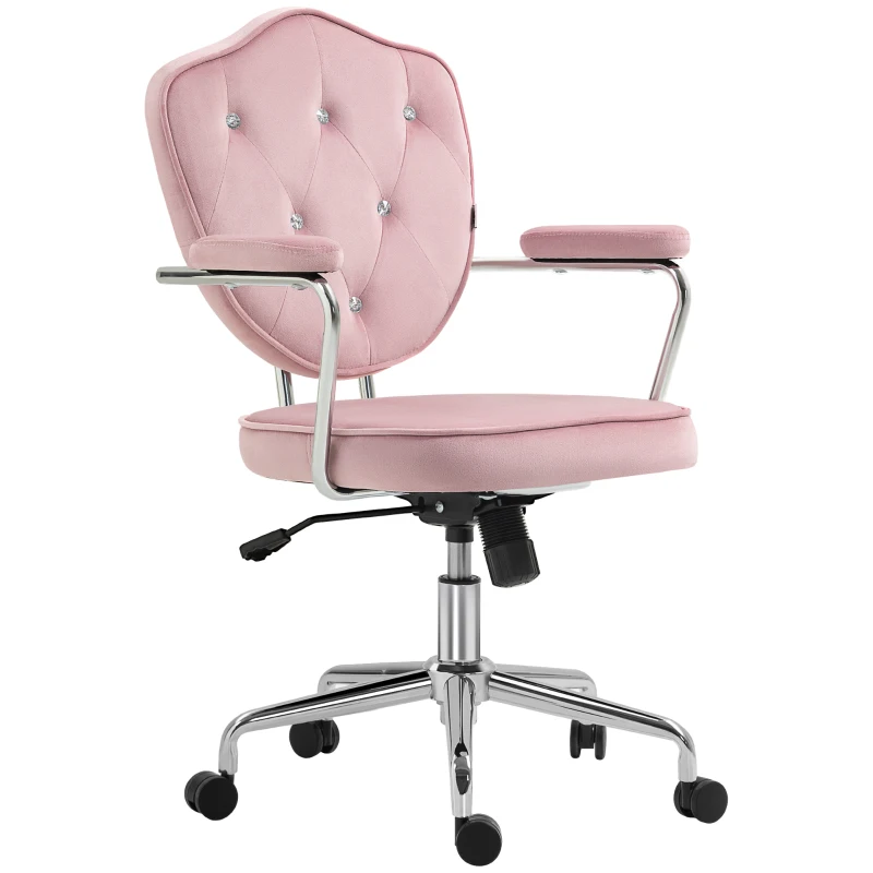 HOMCOM Cute Office Chair, Desk Chair with Button Tufted Velvet-feel Fabric, Swivel Computer Vanity Chair, Pink