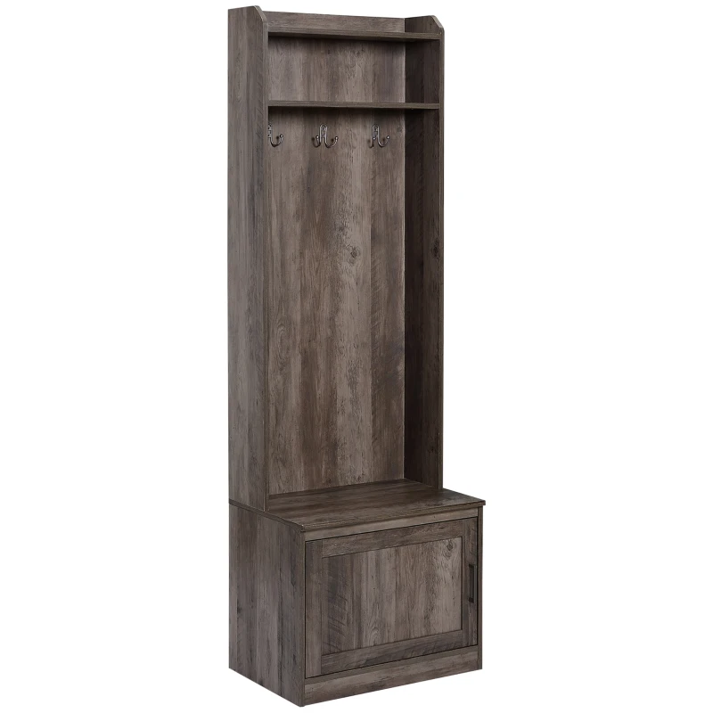 HOMCOM Narrow Hall Tree with Shoe Storage Bench, Rustic Entryway Bench with Coat Rack, Accent Coat Tree with Storage Shelves for Hallway, Mudroom, Brown