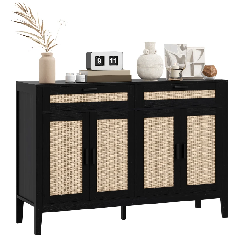 HOMCOM Kitchen Sideboard Cabinet, Boho Entryway Cabinet with Decorative Rattan Doors and Drawers for Dining Room, Black