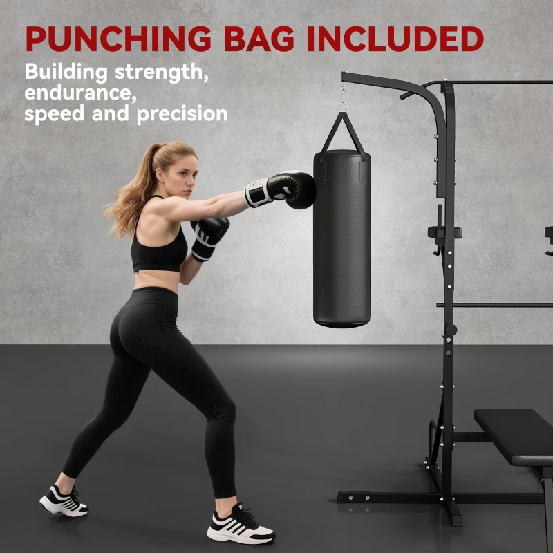 Soozier Heavy-Duty Power Tower Dip Station Pull Up Bar with Foldable Workout Bench and Punching Bag, Multi-Functional Adjustable Strength Training Equipment Power Rack Fitness Equipment for Home Gym