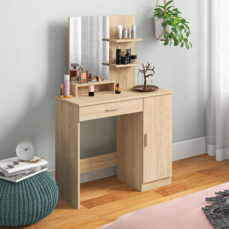 HOMCOM Dressing Table, Vanity Table with Mirror, Drawer and Storage Shelves for Bedroom, 35.4" x 15" x 54.3", Maple Wood