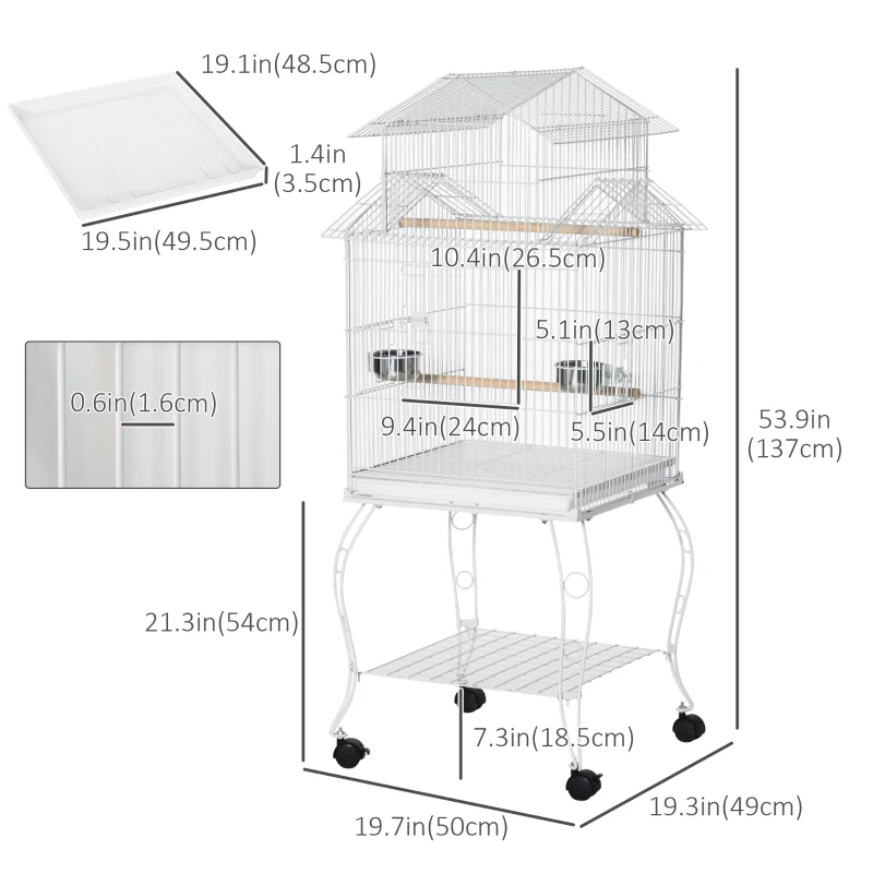 PawHut 53.9'' Large Rolling Steel Bird Cage Bird House with Detachable Rolling Stand, Storage Shelf, Wood Perch, Food Container, White