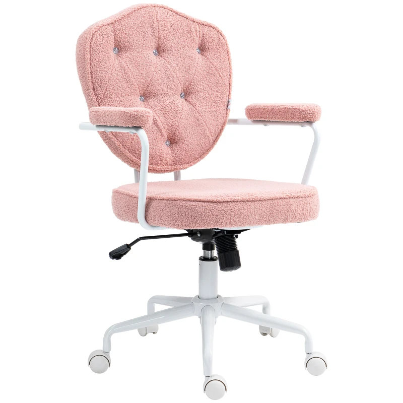 HOMCOM Cute Office Chair, Desk Chair with Button Tufted Teddy Bear Fleece, Swivel Computer Vanity Chair, Pink