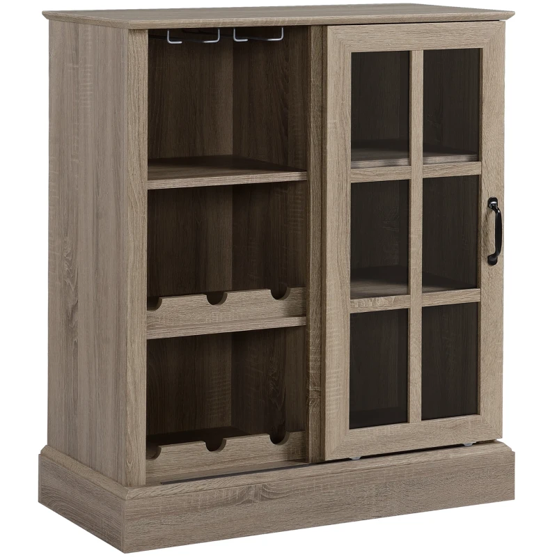 HOMCOM Wine Bar Cabinet, with 6-Bottle Wine Rack and Stemware Racks, Buffet Cabinet with Sliding Glass Door for Kitchen, Brown
