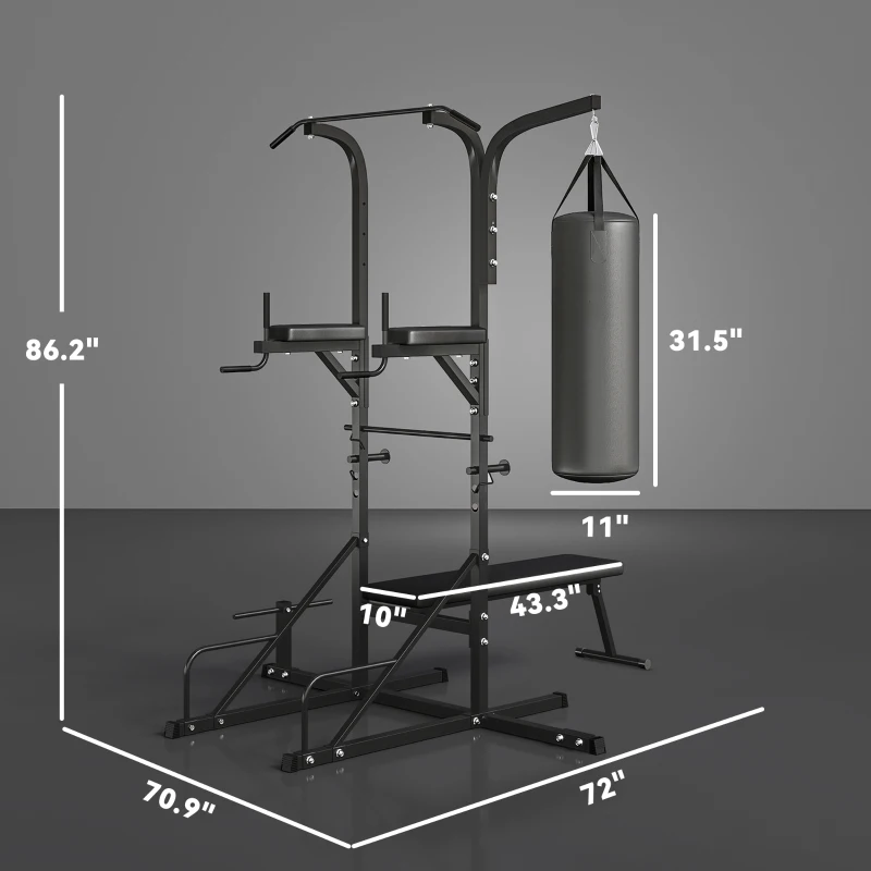 Soozier Heavy-Duty Power Tower Dip Station Pull Up Bar with Foldable Workout Bench and Punching Bag, Multi-Functional Adjustable Strength Training Equipment Power Rack Fitness Equipment for Home Gym