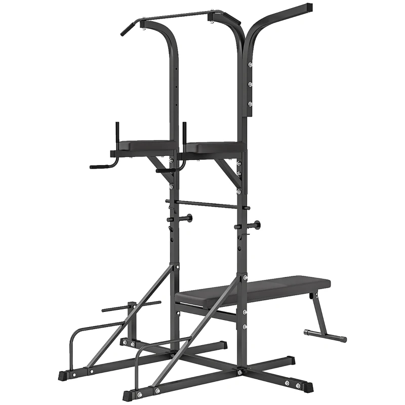 Soozier Heavy-Duty Power Tower Dip Station Pull Up Bar with Foldable Workout Bench and Punching Bag, Multi-Functional Adjustable Strength Training Equipment Power Rack Fitness Equipment for Home Gym