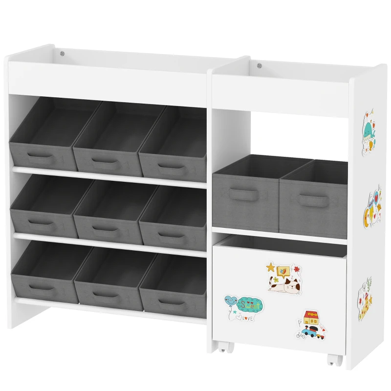 Qaba Kids Toy Storage Organizer with 11 Bins, Moveable Cabinet, Top Shelves, 3 Stickers, for Nursery, Playroom, White