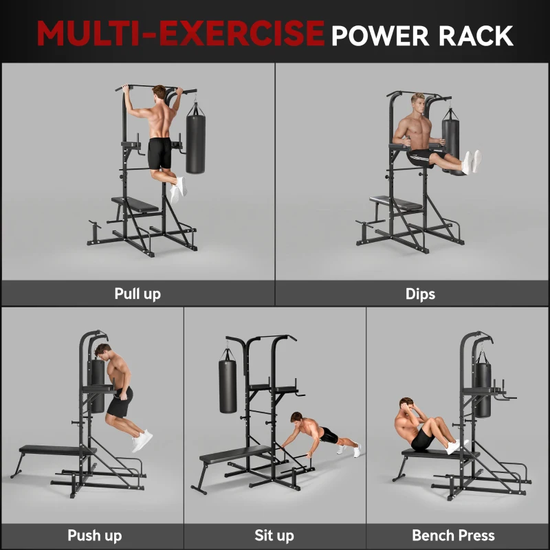 Soozier Heavy-Duty Power Tower Dip Station Pull Up Bar with Foldable Workout Bench and Punching Bag, Multi-Functional Adjustable Strength Training Equipment Power Rack Fitness Equipment for Home Gym