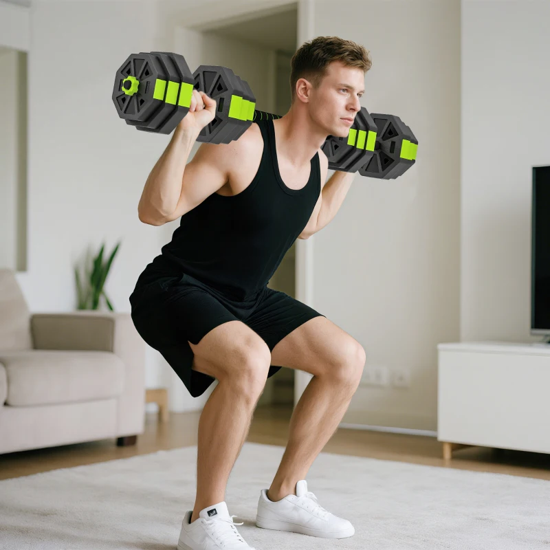 Soozier 4-in-1 Adjustable Dumbbell Set, Used as Kettlebell, Barbell, Dumbbell, Push-Up Stand, 55lbs Free Weights Set, Green