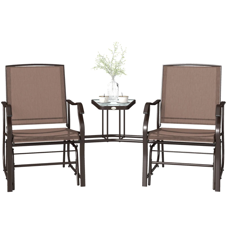 Outsunny Patio Double Glider Chair with Glass Top Center Table, Outdoor Glider Chair with High Back,  Sling Fabric for Garden, Bench, Brown