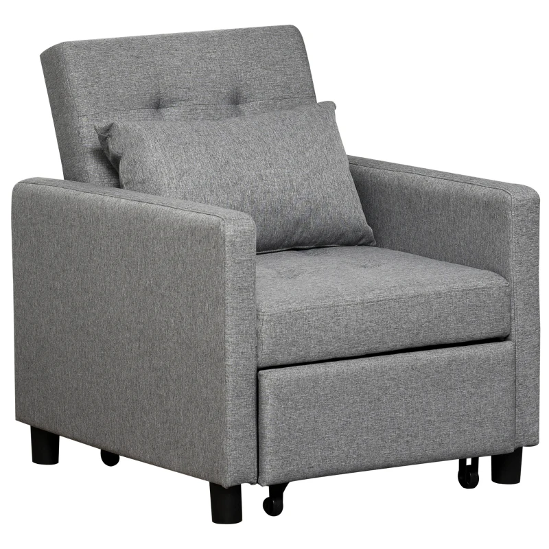 HOMCOM Convertible Sofa Lounger Chair Bed Multi-Functional Sleeper Recliner with Tufted Upholstered Fabric, Adjustable Angle Backrest, and Pillow, Grey