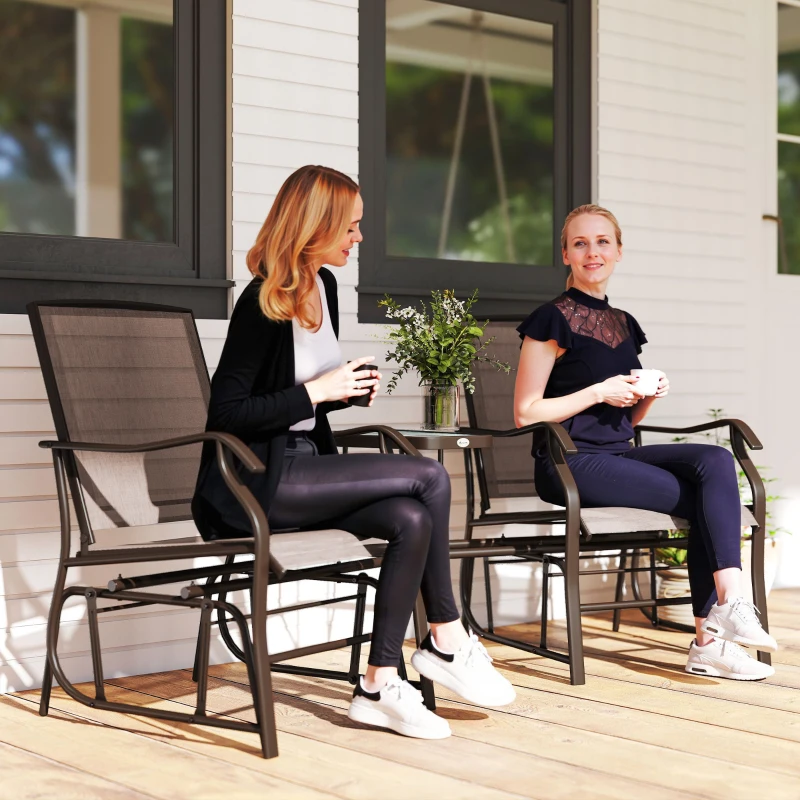 Outsunny Patio Double Glider Chair with Glass Top Center Table, Outdoor Glider Chair with High Back, Sling Fabric for Garden, Bench, Brown