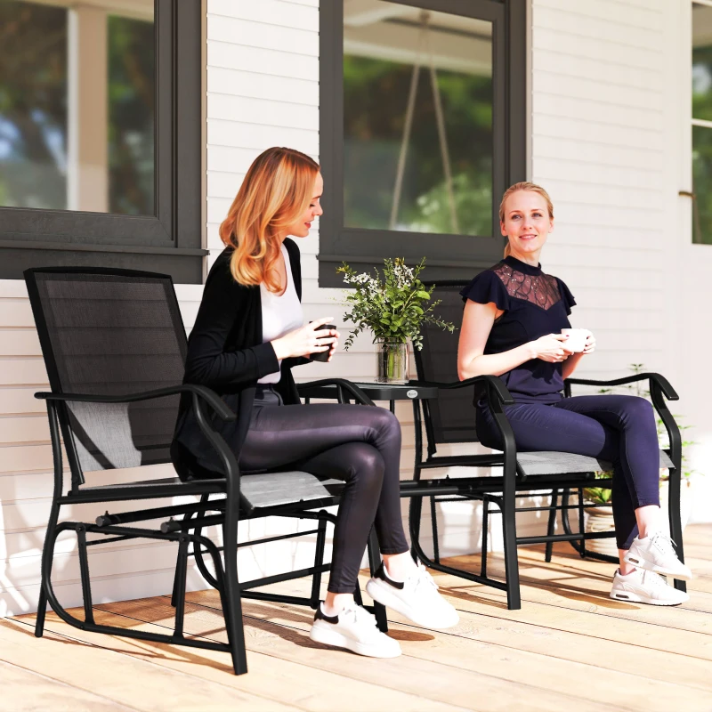 Outsunny Patio Double Glider Chair with Glass Top Center Table, Outdoor Glider Chair with High Back, Sling Fabric for Garden, Bench, Black