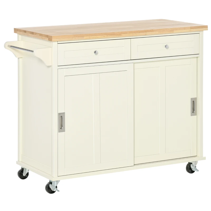 HOMCOM 43" Rolling Kitchen Island, Kitchen Storage Cart on Wheels with Sliding Doors, Cabinet, 2 Drawers, and Towel Rack, Cream White