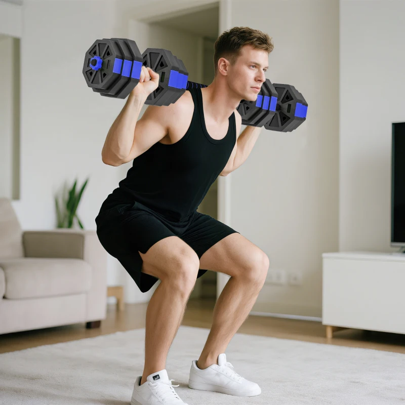 Soozier 4-in-1 Adjustable Dumbbell Set, Used as Kettlebell, Barbell, Dumbbell, Push-Up Stand, 55lbs Free Weights Set, Blue