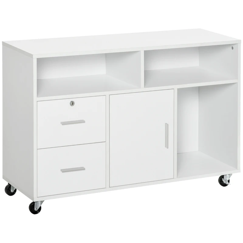 HOMCOM Printer Stand Home Office Mobile Storage Cabinet Organizer Desktop with Caster Wheels, 2 Locking Breaks and Drawer, White