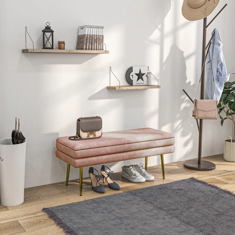 HOMCOM End of Bed Bench, Velvet-feel Upholstered Bench with Thick Padded Seat and Steel Legs, Modern Bedroom Bench, Pink