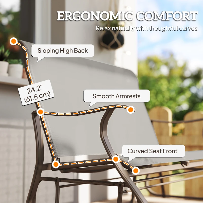 Outsunny Garden Double Gliding Chair, Patio Glider Armchair for Outdoor, Backyard Mesh Seat and Backrest, Steel Frame, Light Grey