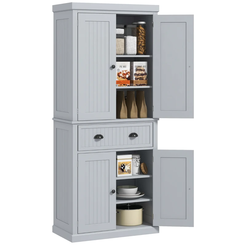 HOMCOM 72" Traditional Kitchen Pantry Cabinet, Freestanding Tall Storage Cabinet with 4 Doors, Drawer and 3 Adjustable Shelves for Dining Room, Gray