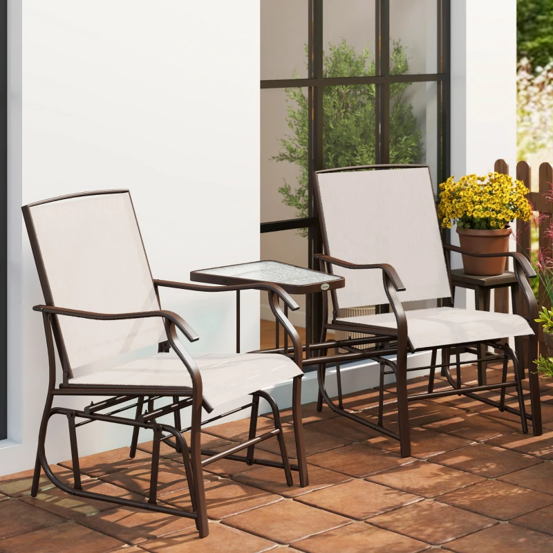 Outsunny Patio Double Glider Chair with Glass Top Center Table, Outdoor Glider Chair with High Back,  Sling Fabric for Garden, Bench, Beige