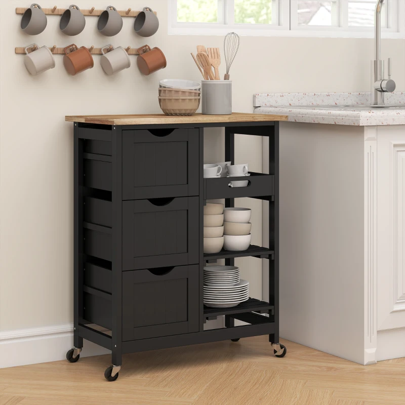 HOMCOM Rolling Kitchen Cart, Kitchen Island with Wood Top, Shelves & Drawers for Dining Area, Black