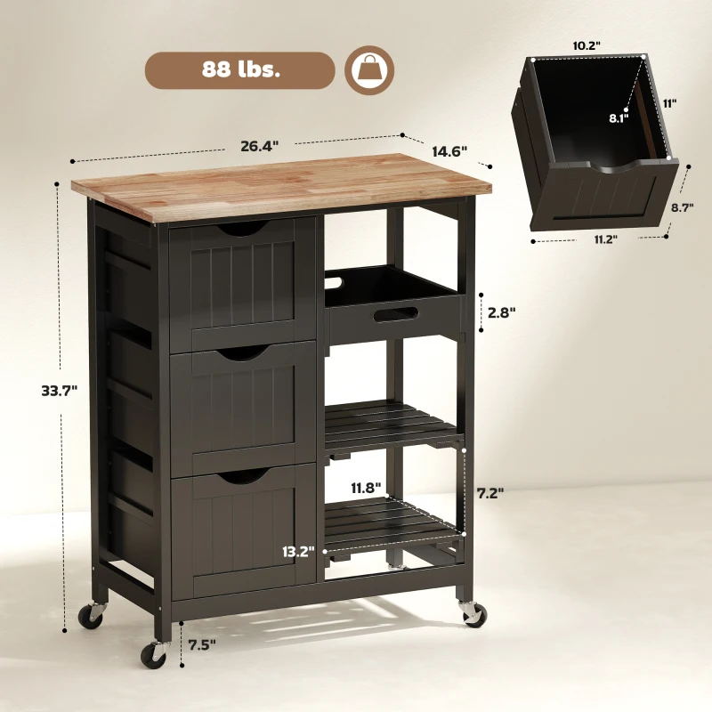 HOMCOM Rolling Kitchen Cart, Kitchen Island with Wood Top, Shelves & Drawers for Dining Area, Black