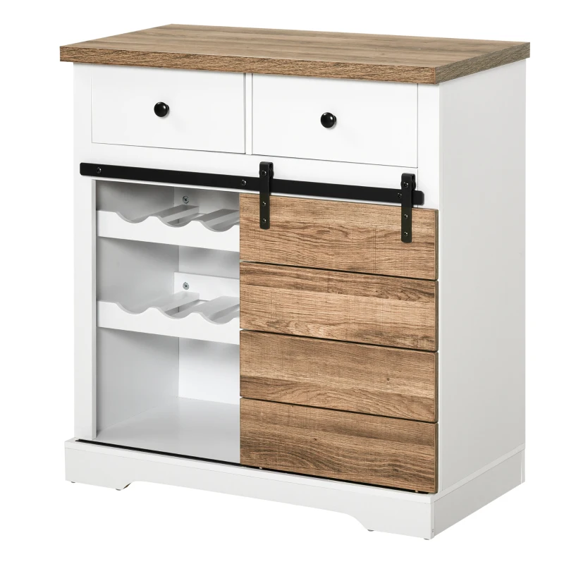 HOMCOM Farmhouse Coffee Bar Cabinet, Barn Door Wine Cabinet with Storage, Sideboard Buffet Cabinet with Wine Racks for Kitchen, White