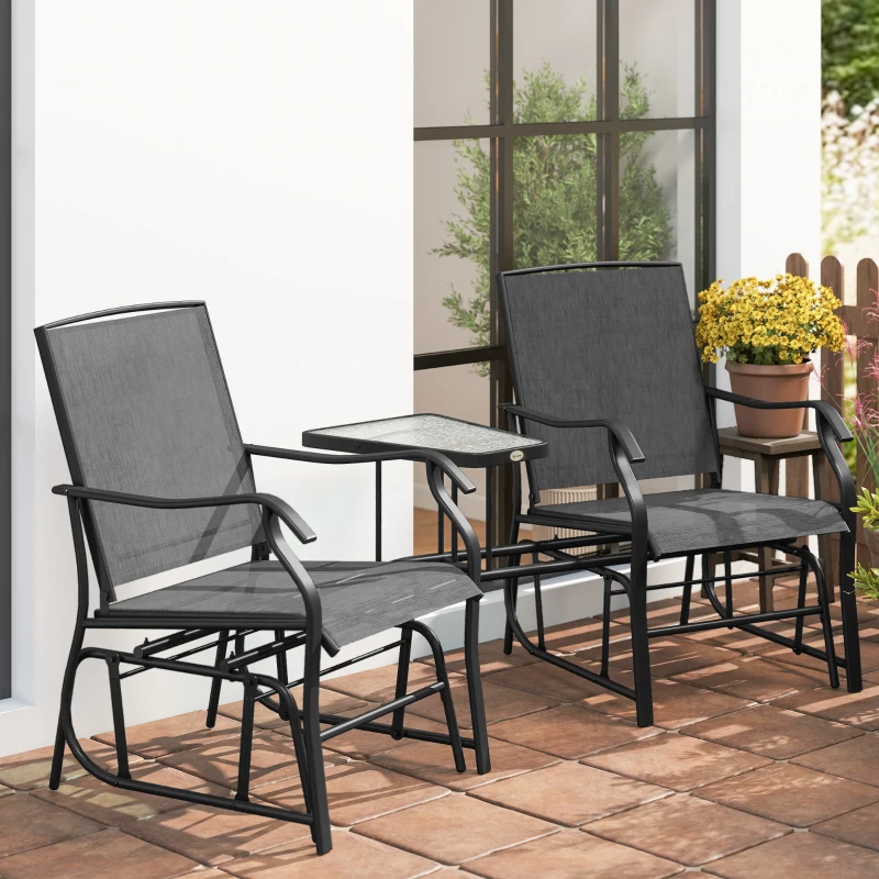 Outsunny Patio Double Glider Chair with Glass Top Center Table, Outdoor Glider Chair with High Back,  Sling Fabric for Garden, Bench, Black
