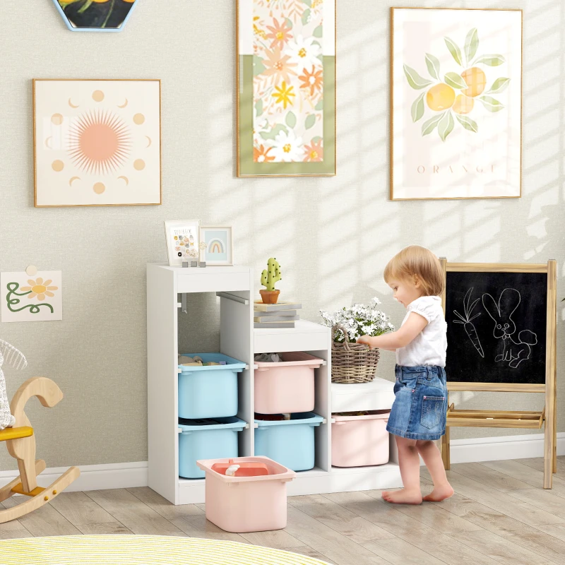 Qaba 3 Layers Toy Storage Organizer Kids Bookshelf Children Toy Storage w/ 6 Plastic Bins, Blue & Pink