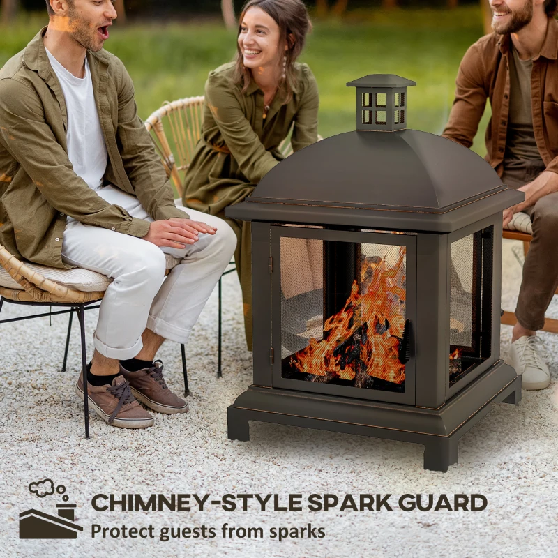 Outsunny Wood-Burning Fire Pit, Chimney Style Firepit with Poker, 26" x 26", Black