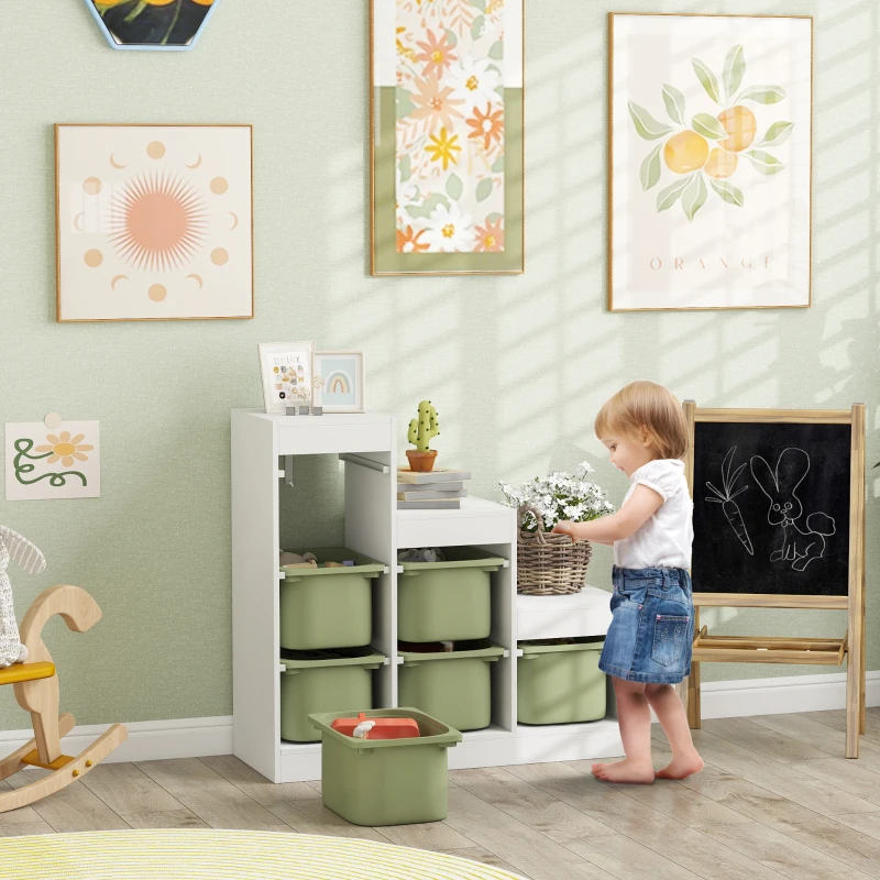 Qaba 3 Layers Toy Storage Organizer Kids Bookshelf Children Toy Storage w/ 6 Plastic Bins, Green