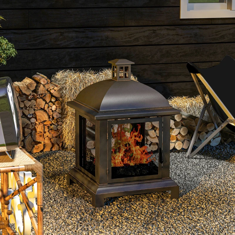 Outsunny Wood-Burning Fire Pit, Chimney Style Firepit with Poker, 26" x 26", Black