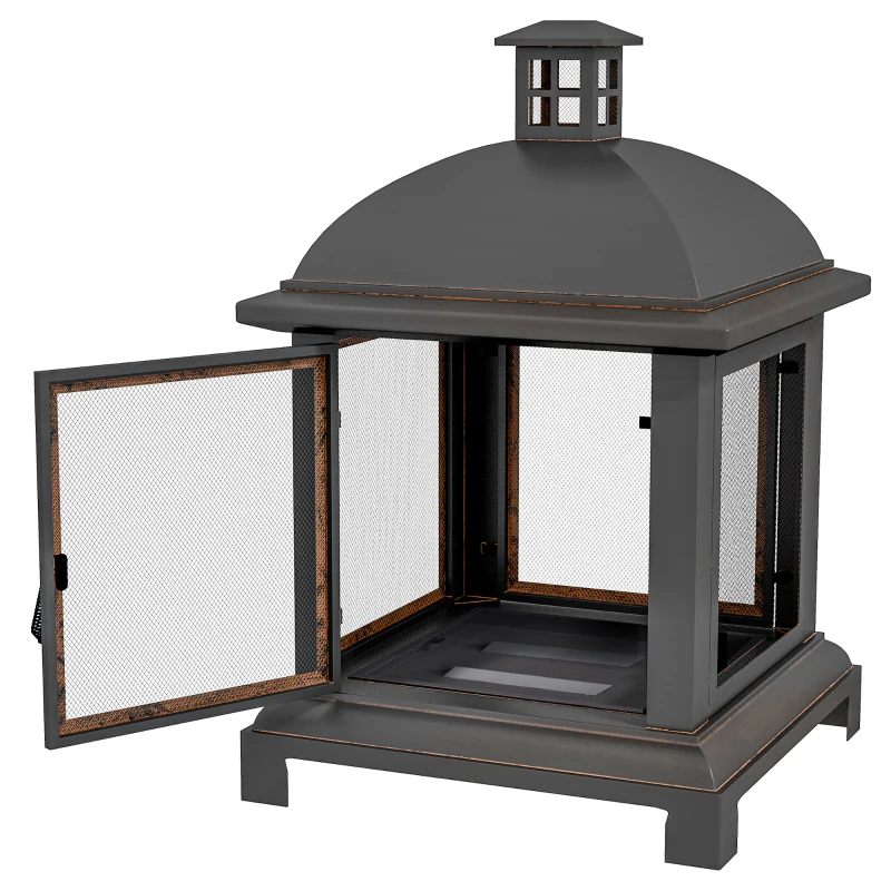 Outsunny Wood-Burning Fire Pit, Chimney Style Firepit with Poker, 26" x 26", Black