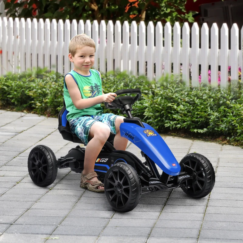 Aosom Pedal Go Kart for Kids, Pedal Car with Swing Axle, Adjustable Bucket, Handbrake, 4 EVA Wheels Powered Ride, Indoor Foot Racer, for 3-8 Years Old, Blue