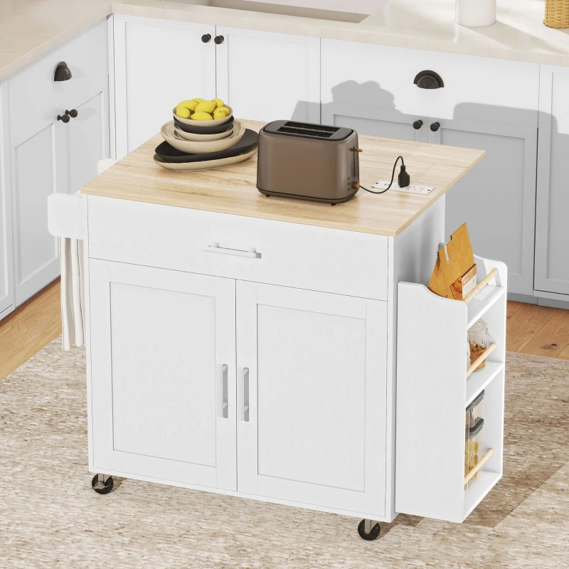 HOMCOM Kitchen Island with Storage, Rolling Kitchen Cart with Foldable Drop Leaf, Power Outlet and USB Ports, White