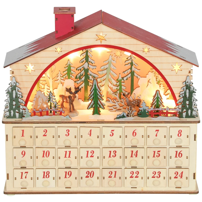 HOMCOM Christmas Advent Calendar with 24 Countdown Drawers and LED Lights, Wooden Advent Calendar House, Battery Operated