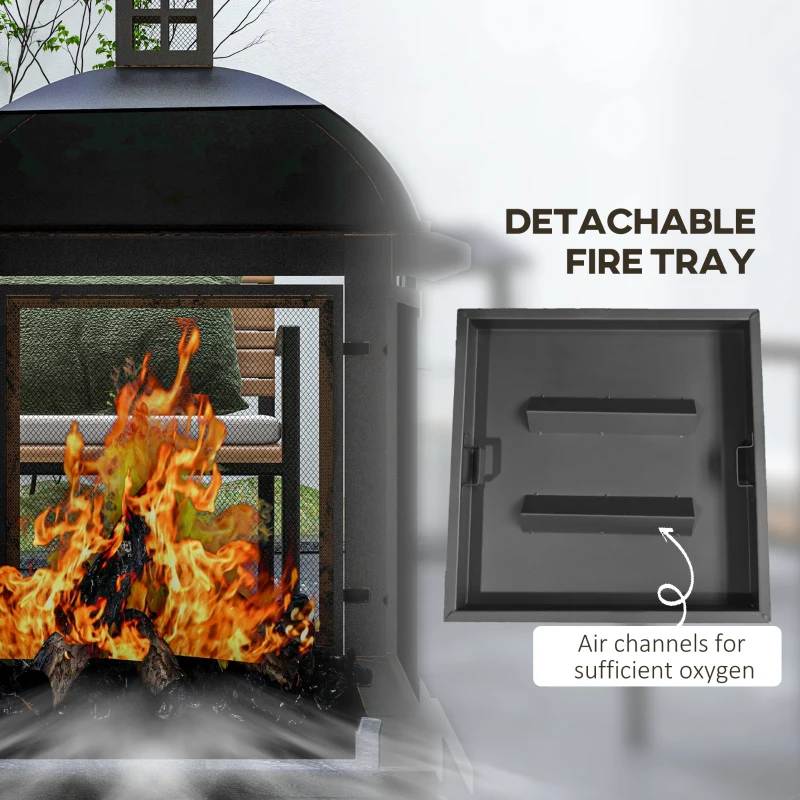 Outsunny Wood-Burning Fire Pit, Chimney Style Firepit with Poker, 26" x 26", Black