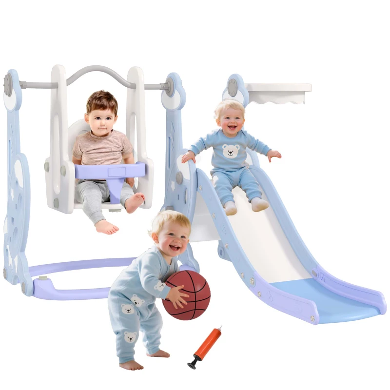 Qaba 4 in 1 Toddler Slide and Swing Set for Ages 1.5-4, Toddler Playset Playground with Climber, Basketball Hoop, Light Blue