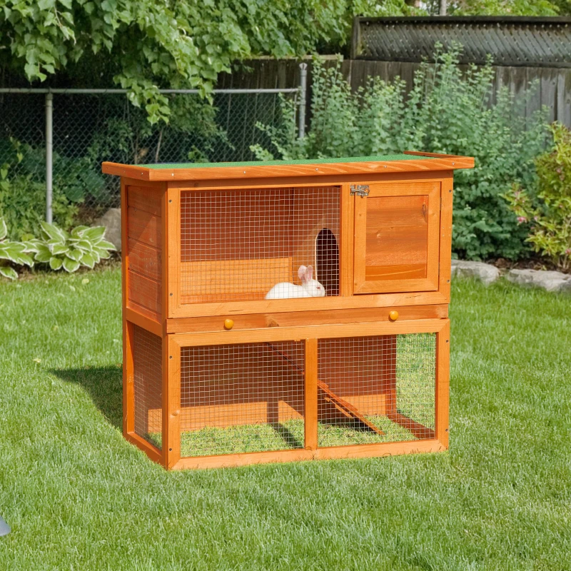 PawHut Wooden Rabbit Hutch Small Animal House Cage 2-Level w/ Run Backyard