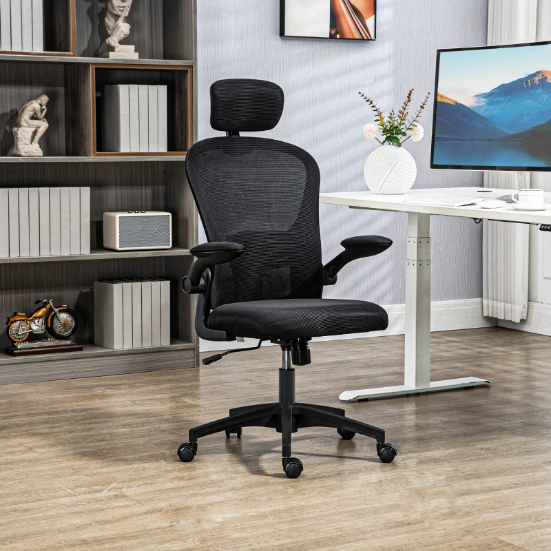 Vinsetto Office Chair, Mesh Computer Desk Chair with Adjustable Headrest, 4D Lumbar Support, Flip-up Arm, Black