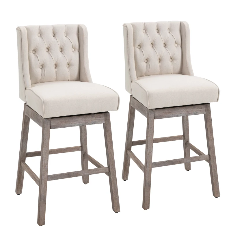 HOMCOM Bar Height Bar Stools Set of 2, 180 Degree Swivel Barstools with Solid Wood Footrests and Button Tufted Design, 30" Seat Height Bar Chairs for Kitchen Island, Beige