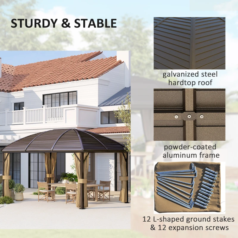 Outsunny 10' x 13' Hardtop Gazebo Aluminum Outdoor Canopy with Mesh Nettings, Curtains, Brown