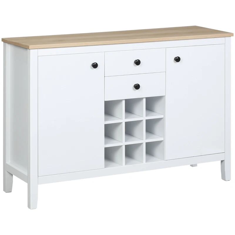 HOMCOM Coffee Bar Cabinet 9-Bottle Wine Rack, Sideboard Buffet Cabinet, Wine Cabinet with Drawers and Adjustable Shelves, Natural and White