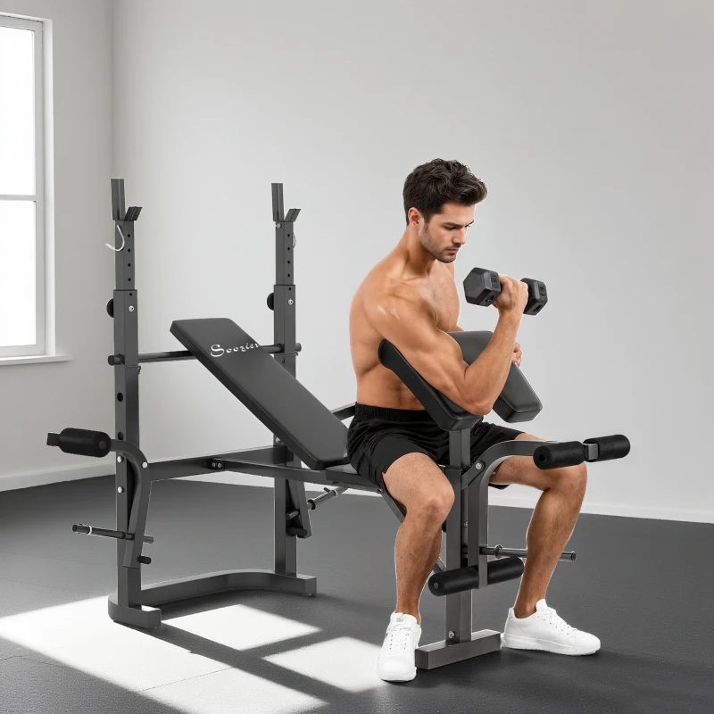 Soozier Adjustable Weight Bench with Bench Press Rack, Preacher Curl Bench, Leg Extension and Lat Pull Down