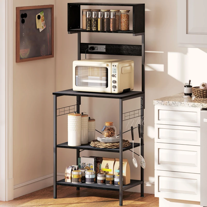 HOMCOM Baker's Rack with Charing Station, Microwave Shelf with Power Outlet, USB Charger and 5 Hooks, Black